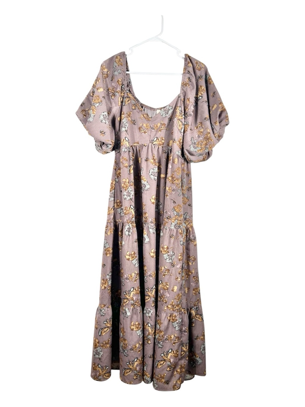 ROOLEE Dusty Mauve Floral Tiered Bubble Sleeve Maxi Dress Size L